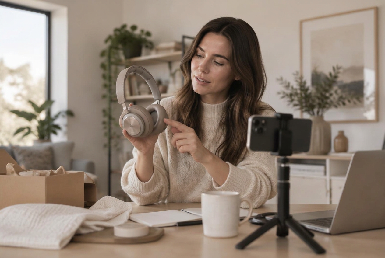 A creator reviewing a product while filming at a home studio desk